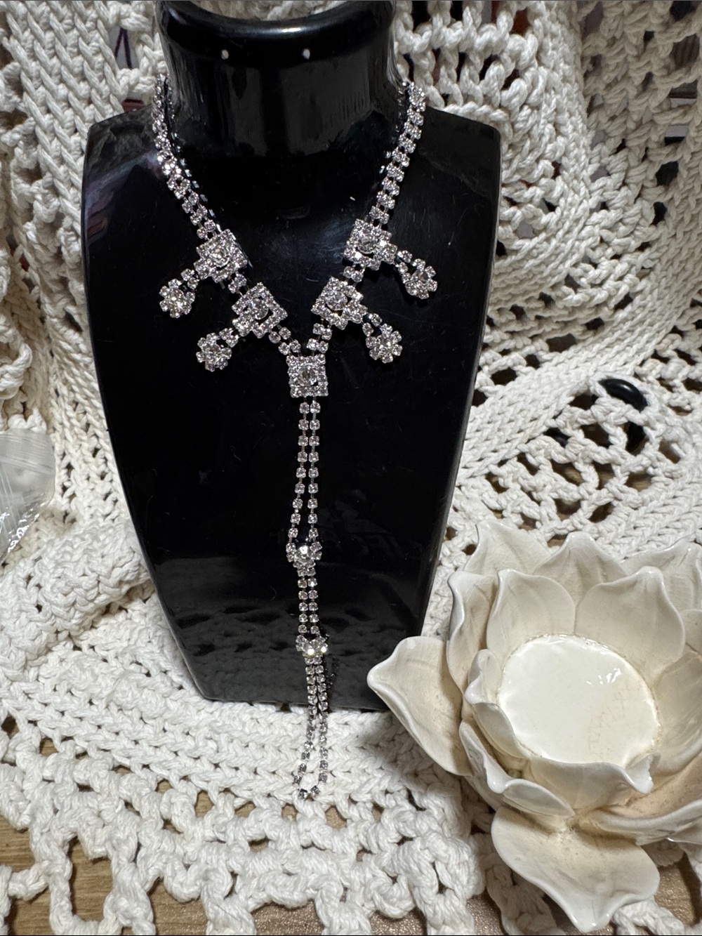 Silver Crystal Drop Y Necklace - Elegant Women's Jewelry